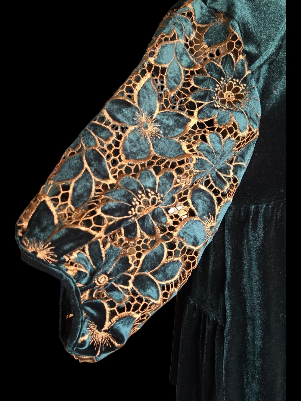 Umgee Teal Velvet Button-Front Tunic with Crochet Lace Sleeves - Picture 3 of 6